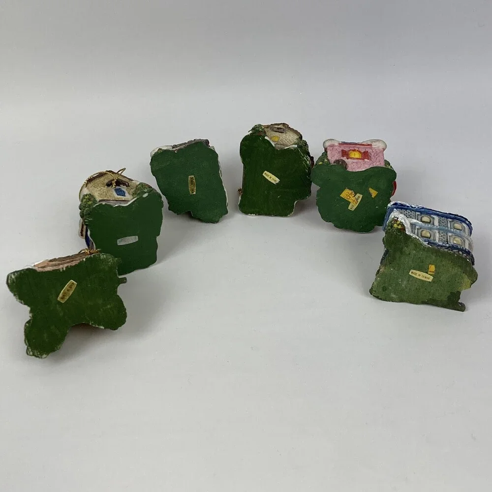 Lot Set 6 VTG Christmas Village Ornaments Mini Houses Bakery Antiques Snow Resin